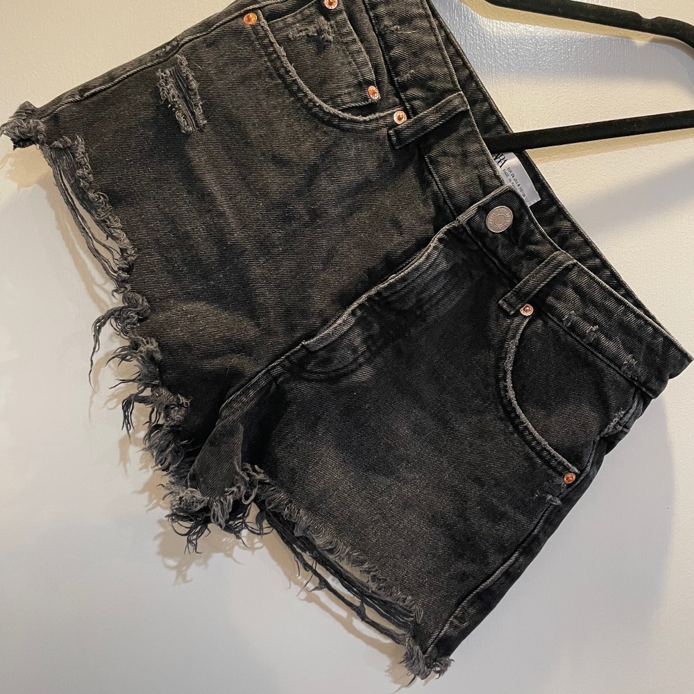 Black Distressed Button Up Shorts